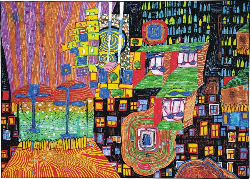 Friedensreich HUNDERTWASSER  Vue de Ville, déc.1998 - mars 1999     Technique mixte : aquarelle, tempera à l'oeuf, huile sur papier contrecollé sur toile; feuilles d'or et d'argent appliquées par Ralf Wittig  100 x 139.5 cm.jpeg